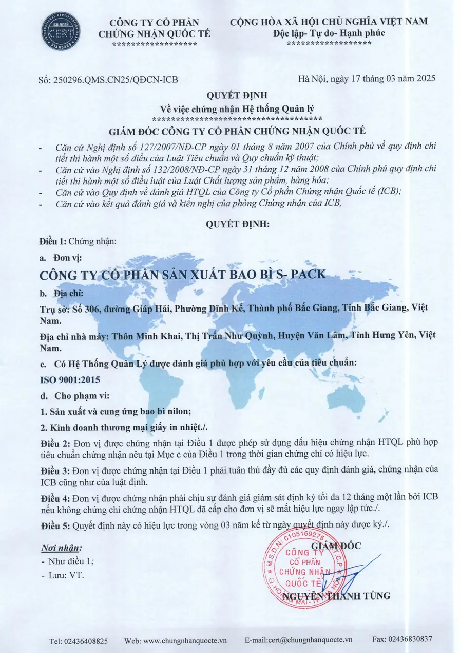 ISO 9001:2015 certification decision