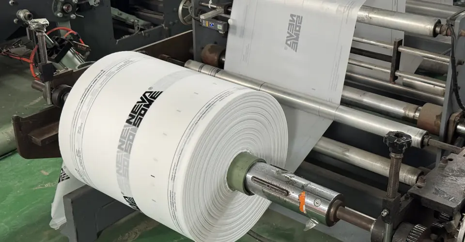 Branded film roll on a bag-cutting machine