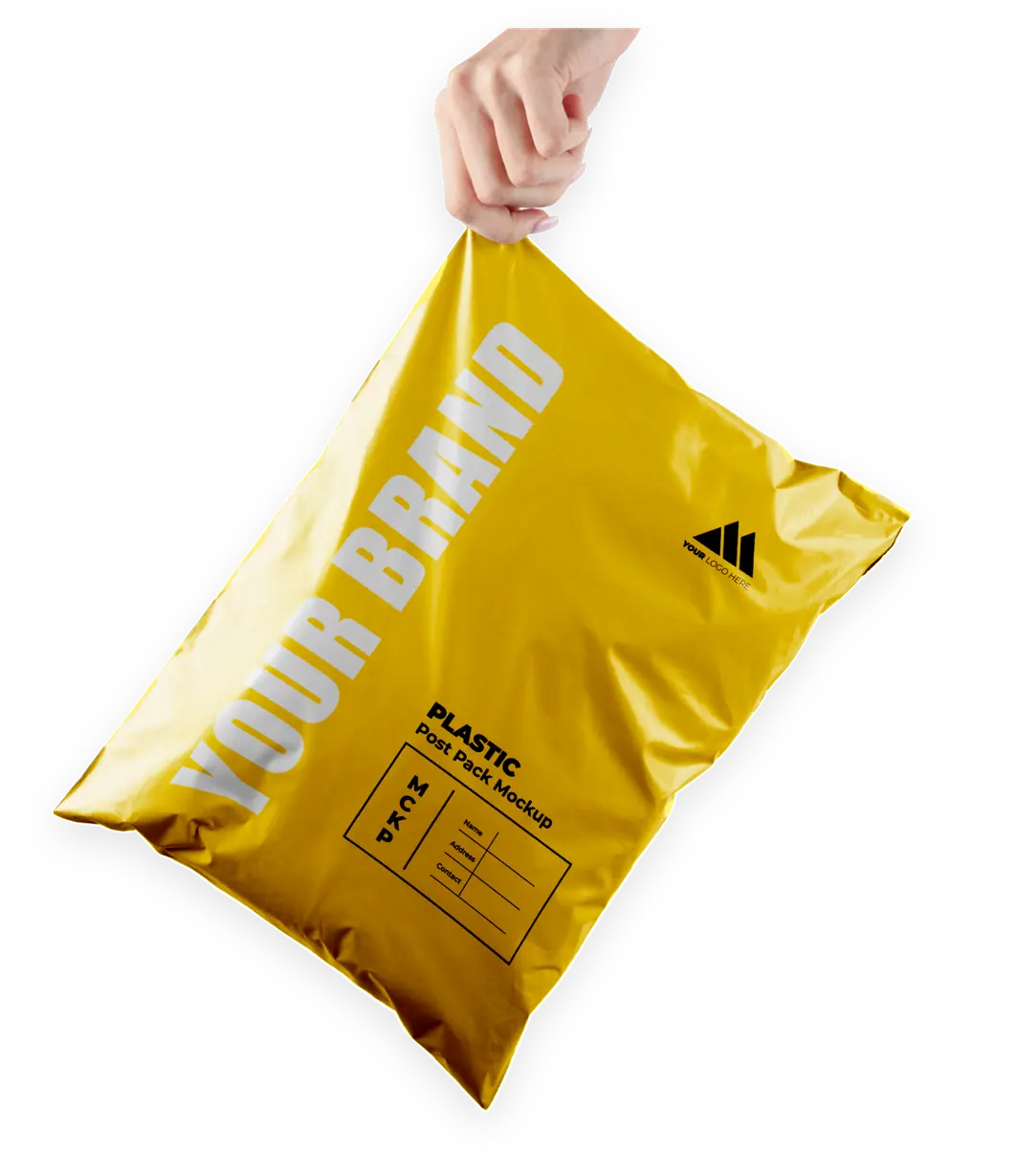 Hand holding a branded mailer bag