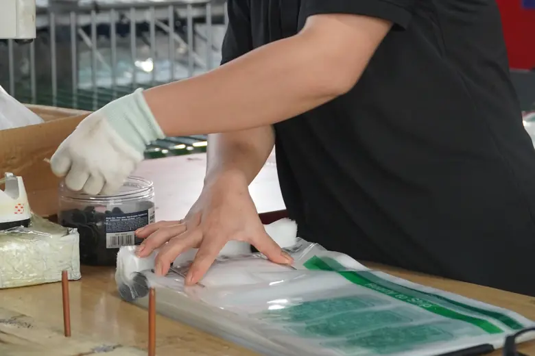 Worker inspecting mailer bags